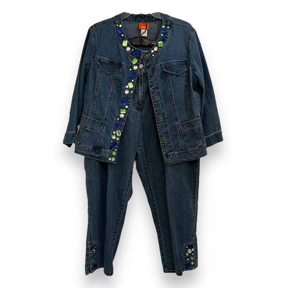 80s 90s Vintage Hearts of Palm rhinestone embellished denim jean suit - Picture 3 of 13